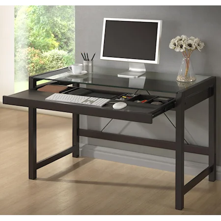 Metal Home Office Desk with Drawer and Glass Table Top